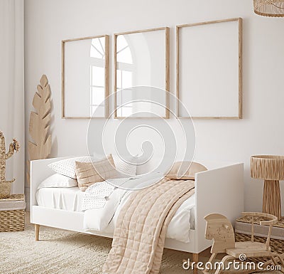 Mock up frame in children room with natural wooden furniture, Farmhouse style interior background Stock Photo