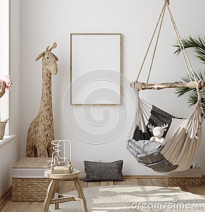 Mock up frame in children room with natural wooden furniture, Farmhouse style interior background Stock Photo