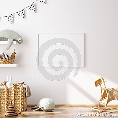 Mock up frame in children room with natural wooden furniture Stock Photo