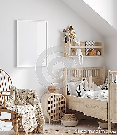 Mock up frame in children room with natural wooden furniture Stock Photo