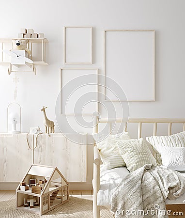 Mock up frame in children room with natural wooden furniture, Scandinavian style interior background Stock Photo