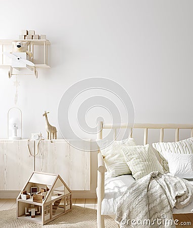 Mock up frame in children room with natural wooden furniture, Scandinavian style interior background Stock Photo