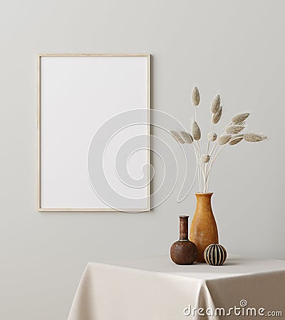 Mock up frame close up with dry grass in vase on table, Scandinavian style Stock Photo