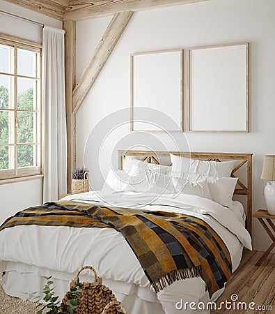 Mock up frame in country style bedroom interior Stock Photo