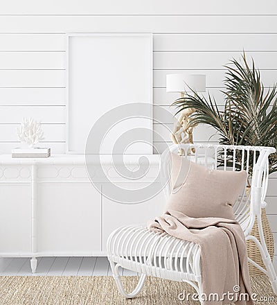 Mock up frame in cozy coastal home interior background Stock Photo