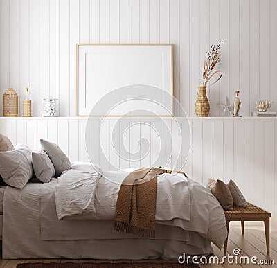 Mock up frame in cozy home interior background, coastal style bedroom Stock Photo