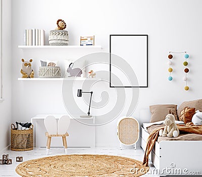 Mock up frame in cozy nursery interior background, Scandinavian style Stock Photo