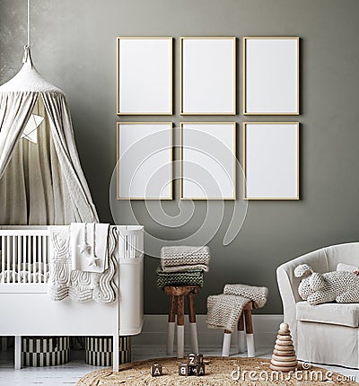 Mock up frame in cozy nursery interior background, Scandinavian style Stock Photo