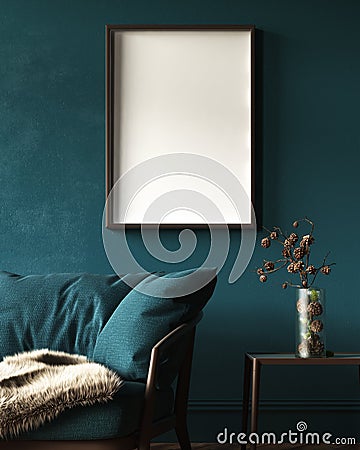 Mock-up frame in dark green home interior with sofa, fur, table and branch in vase Stock Photo