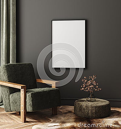 Mock-up frame in dark home interior with armchair and branch in vase Stock Photo