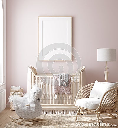 Mock up frame in girl nursery with natural wooden furniture Stock Photo