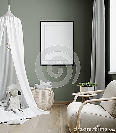 Mock up frame in green children room interior background, Scandinavian style, 3D render Stock Photo