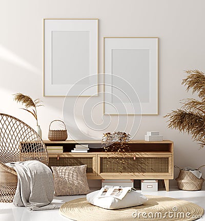 Mock up frame in home interior background, beige room with natural wooden furniture, Scandinavian style Stock Photo