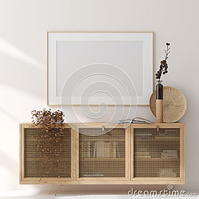 Mock up frame in home interior background, beige room with natural wooden furniture, Scandinavian style Stock Photo