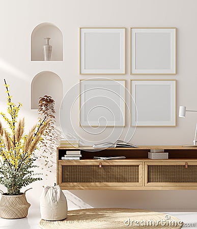 Mock up frame in home interior background, beige room with natural wooden furniture, Scandinavian style Stock Photo