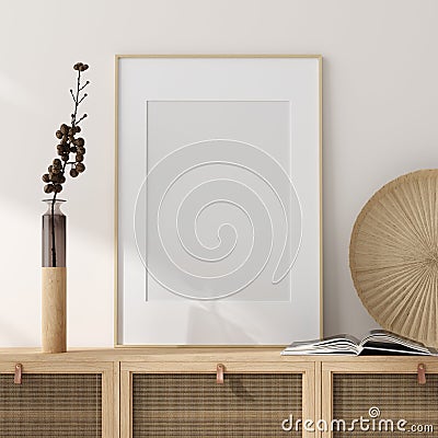 Mock up frame in home interior background, beige room with natural wooden furniture, Scandinavian style Stock Photo