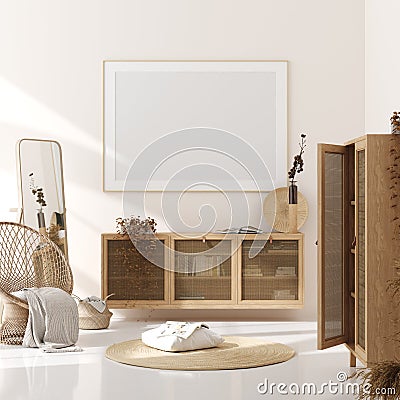 Mock up frame in home interior background, beige room with natural wooden furniture, Scandinavian style Stock Photo