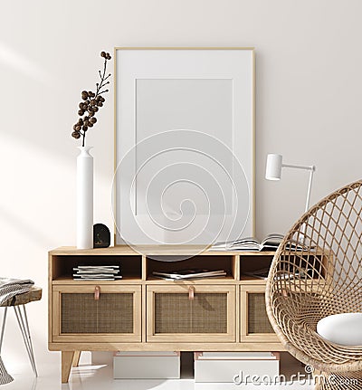 Mock up frame in home interior background, beige room with natural wooden furniture, Scandinavian style Stock Photo