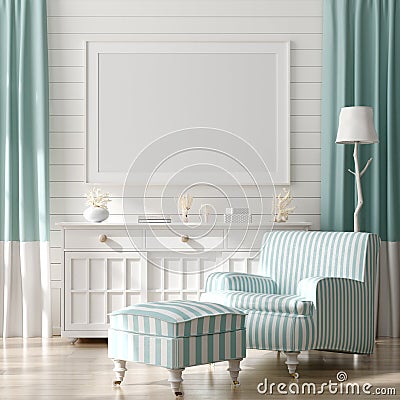 Mock up frame in home interior background, coastal style living room with marine decor. Stock Photo