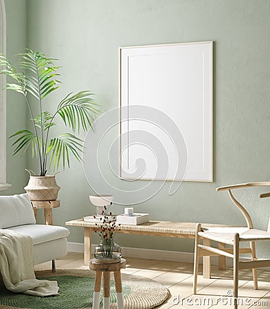 Mock up frame in home interior background, pastel green room with natural wooden furniture Stock Photo