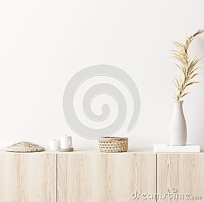 Mock up frame in home interior background, white room with natural wooden furniture, Scandi-Boho style Stock Photo