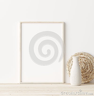 Mock up frame in home interior background, white room with natural wooden furniture, Scandi-Boho style Stock Photo