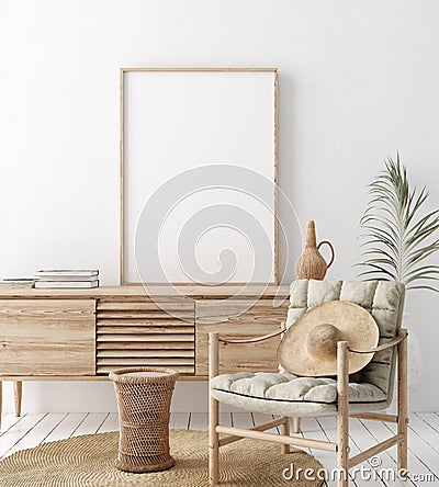 Mock up frame in home interior background, white room with natural wooden furniture, Scandi-Boho style Stock Photo