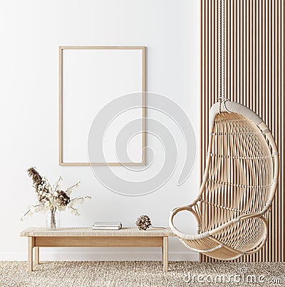 Mock up frame in home interior background, white room with natural wooden furniture, Scandi-Boho style Stock Photo