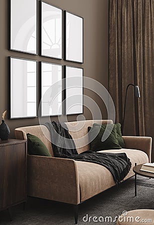 Mock-up frame in home interior with modern brown sofa, table and decor Stock Photo