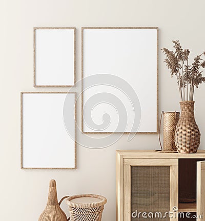 Mock up frame in home interior with rattan furniture, Scandi-boho style Stock Photo