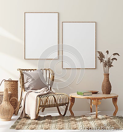 Mock up frame in home interior with rattan furniture, Scandi-boho style Stock Photo