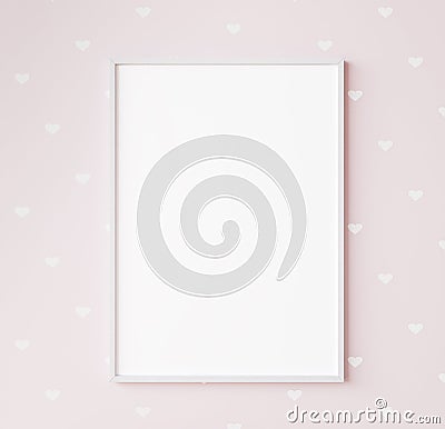Mock up frame in kids room, single white frame on pink background Stock Photo