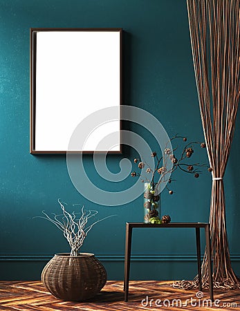 Mock-up frame in living room with rope curtains and bouquet of branch on table Stock Photo