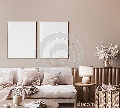 Mock up frame in modern interior background, neutral wooden living room with dried plant and home decor Stock Photo