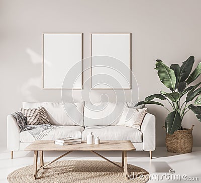 Mock up frame poster in Scandinavian living room with beige sofa Stock Photo