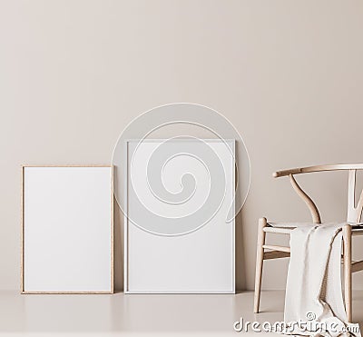 Mock up frame for two wooden posters in minimal interior, wooden chair on beige background Stock Photo