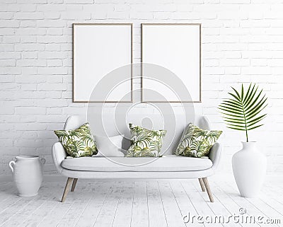 Mock up frames in living room interior with white sofa on white brick wall, Scandinavian style Stock Photo