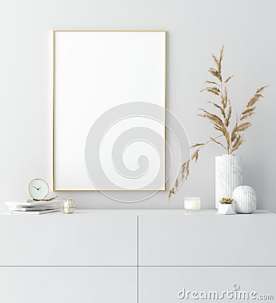 Mock up golden frame in white interior with simple modern decor, Scandinavian style Stock Photo