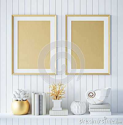 Mock up golden poster frame in interior background with decor Stock Photo