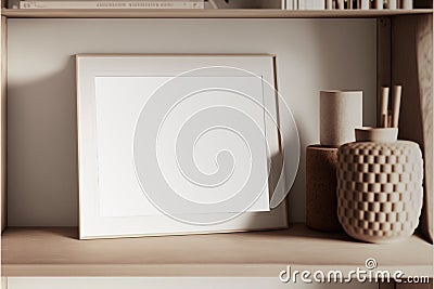 Mock up horizontal frame close up in home interior background, stands on the shelf Stock Photo