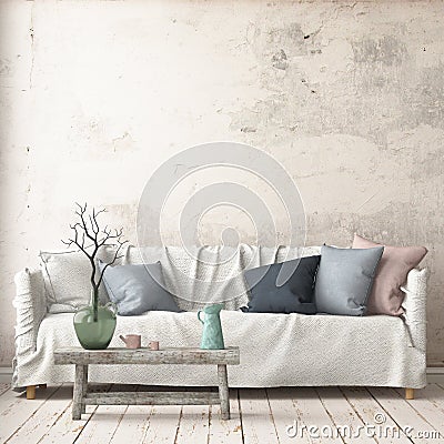 Mock up interior in Scandinavian style with a sofa. 3D rendering Cartoon Illustration