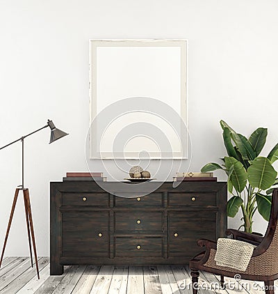 Mock up interior with white picture frame and dark wood console Stock Photo