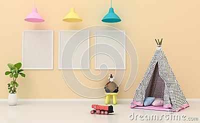 Mock up Kids room interior decorated, wall in child room with Picture frame, 3d rendering illuatration. Stock Photo