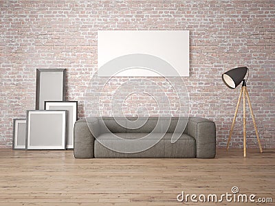 Mock up the living room with a large leather sofa. Stock Photo