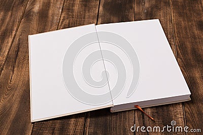 Mock-up magazine or catalog on wooden table Stock Photo