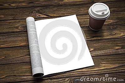 Mock up a magazine and coffee on a brown wooden background. Stock Photo