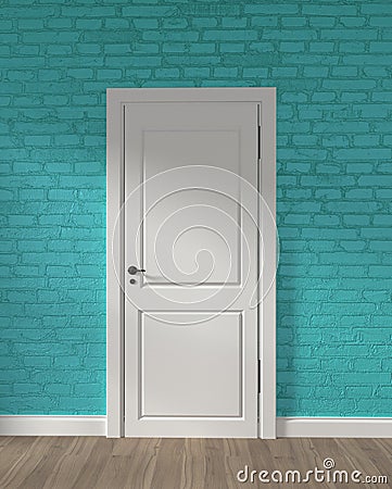 Mock up Modern loft white door and mint brick wall on wooden floor. 3D rendering Stock Photo