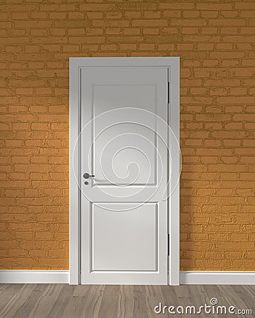 Mock up Modern loft white door and yellow brick wall on wooden floor. 3D rendering Stock Photo