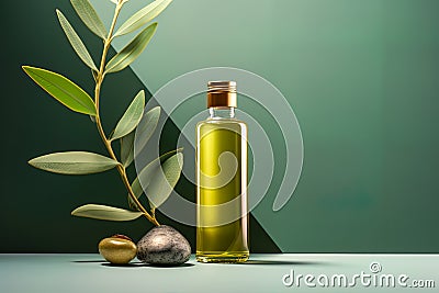 Mock up of olive oil as an elixir of health and well-being, its beneficial properties Stock Photo