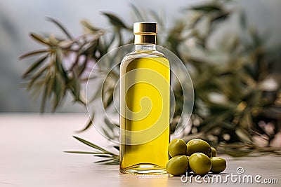 Mock up of olive oil as an elixir of health and well-being, its beneficial properties Stock Photo